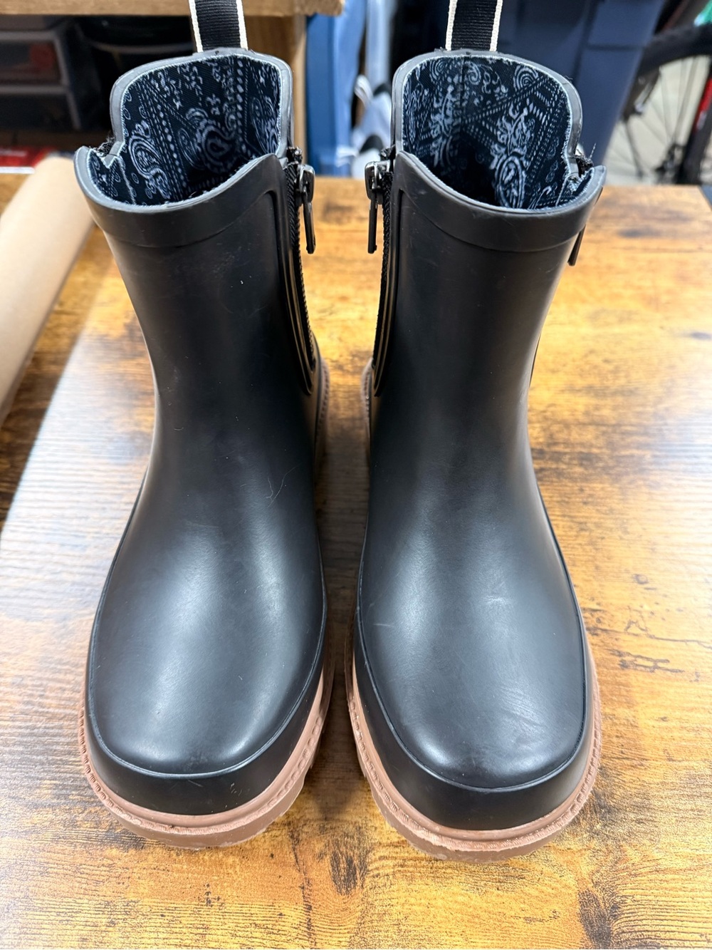 Lucky Brand Black Rain Boots with Brown Sole